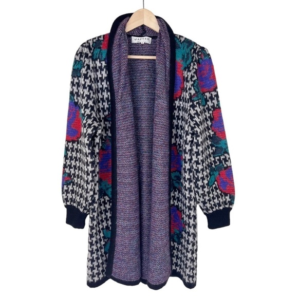 Vintage Cardigan Sweater Duster Houndstooth Mohair Wool Black Purple Size Small - Picture 1 of 8